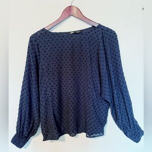 Zara Women's Navy Blue Swiss Dot Long Sleeve Blouse Top Size S